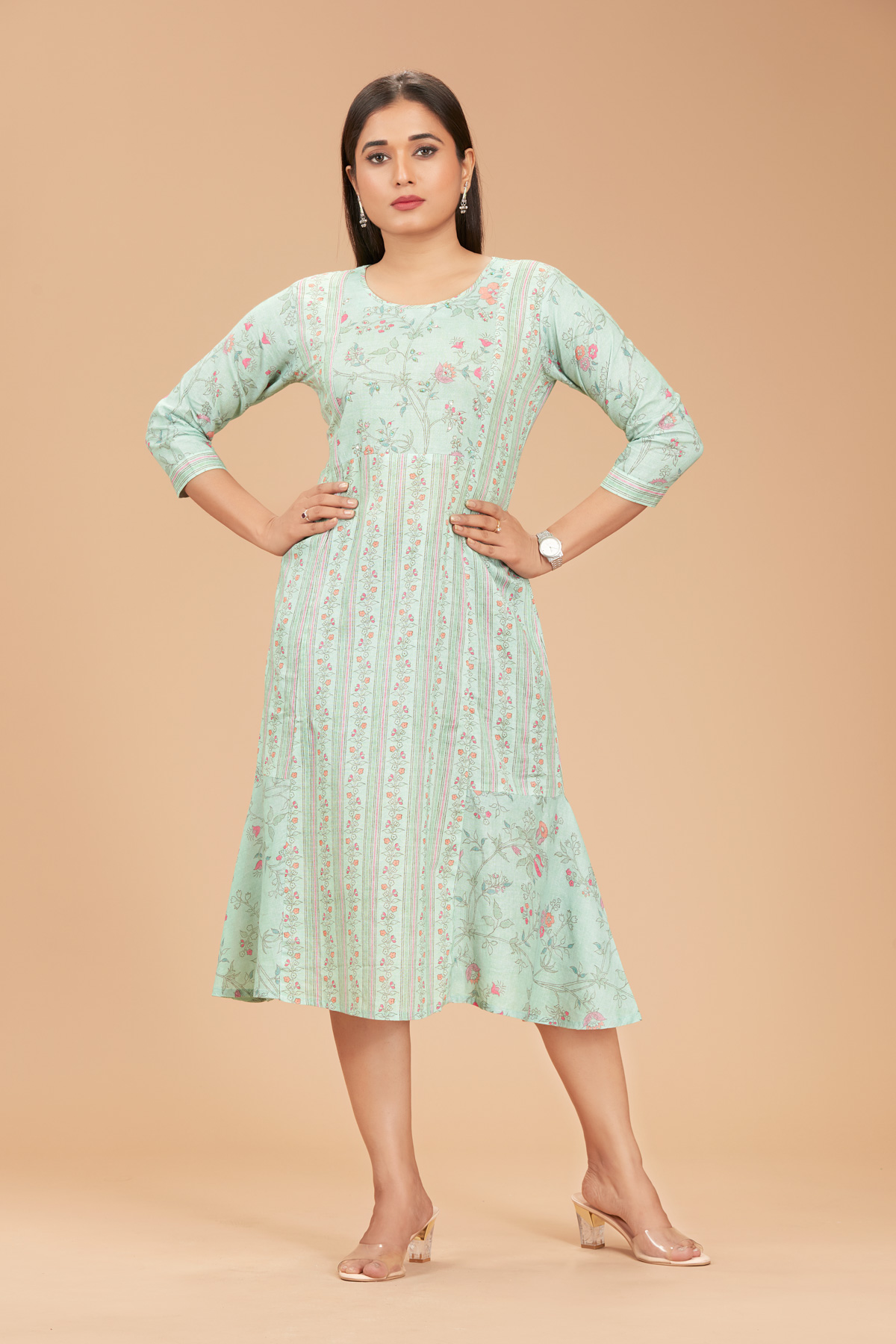 Pastel Green Printed Flair Dress